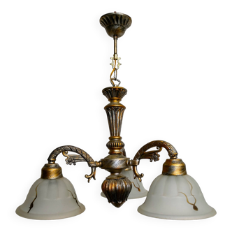 3 tulip lights chandelier: metal, resin, tinted molded glass - Neo-classical style - 80's