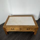 Table basse vintage en bois (chêne massif) et marbre