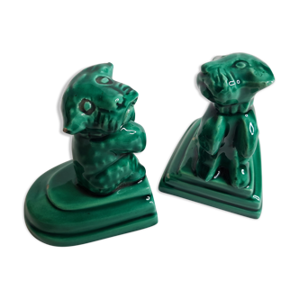 Pair of dog-shaped dog-shaped art deco dogs in green dabbling