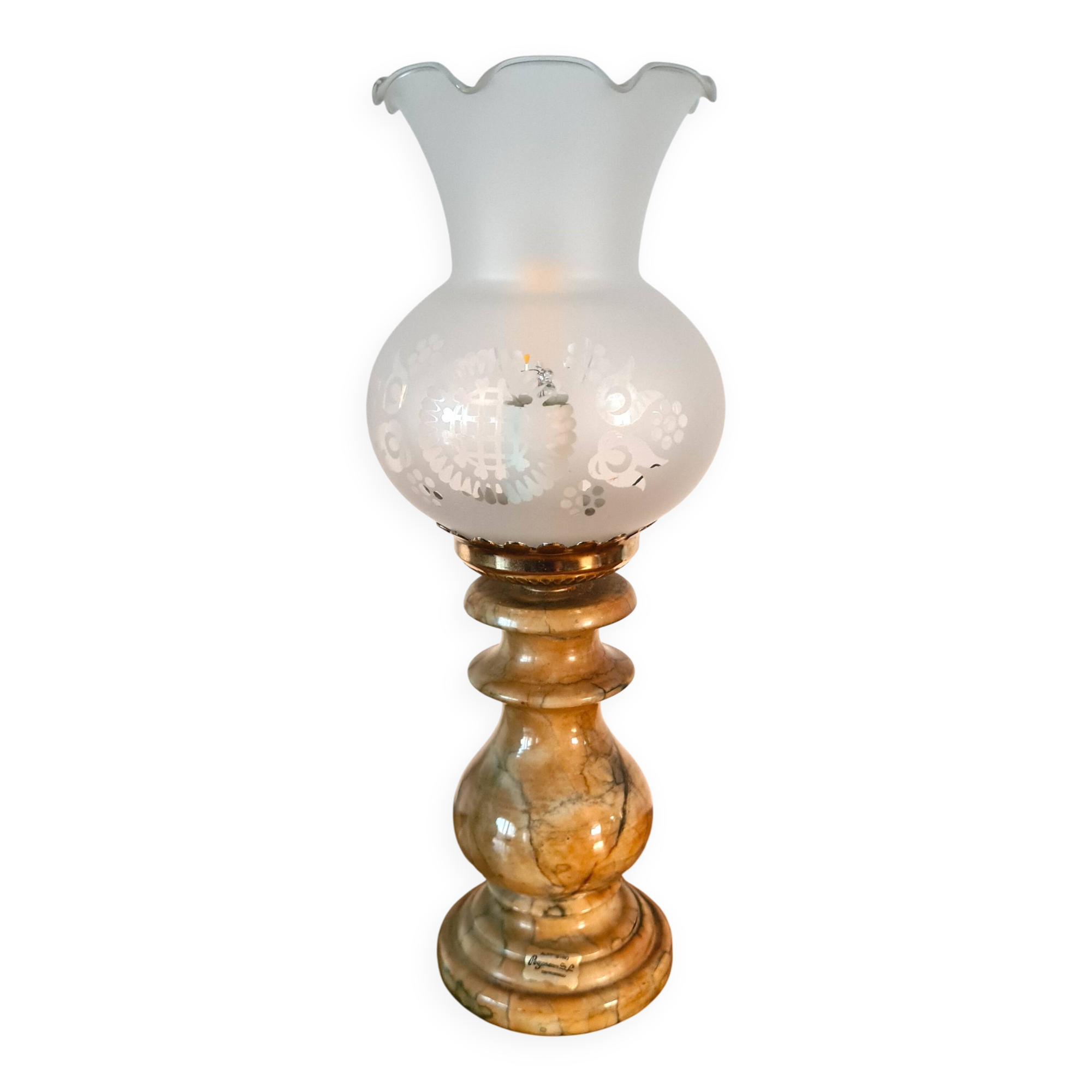 Pegasam SL Spain lamp – alabaster base and vintage engraved glass