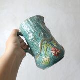 Antique turquoise Art Deco majolica pitcher vase with a snake motif