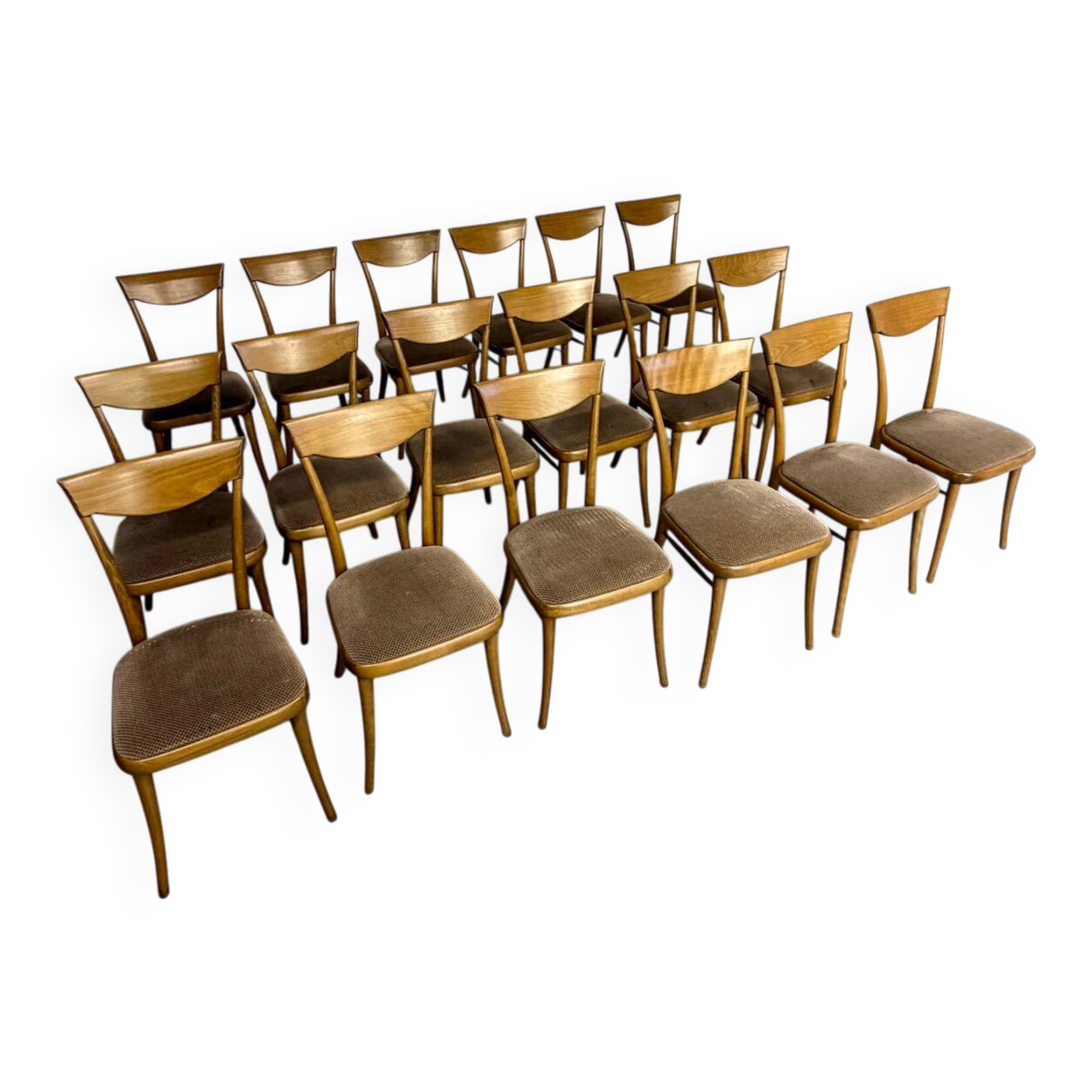 Set of 18 Scandinavian design chairs from the 1960s, organic curved wood.
