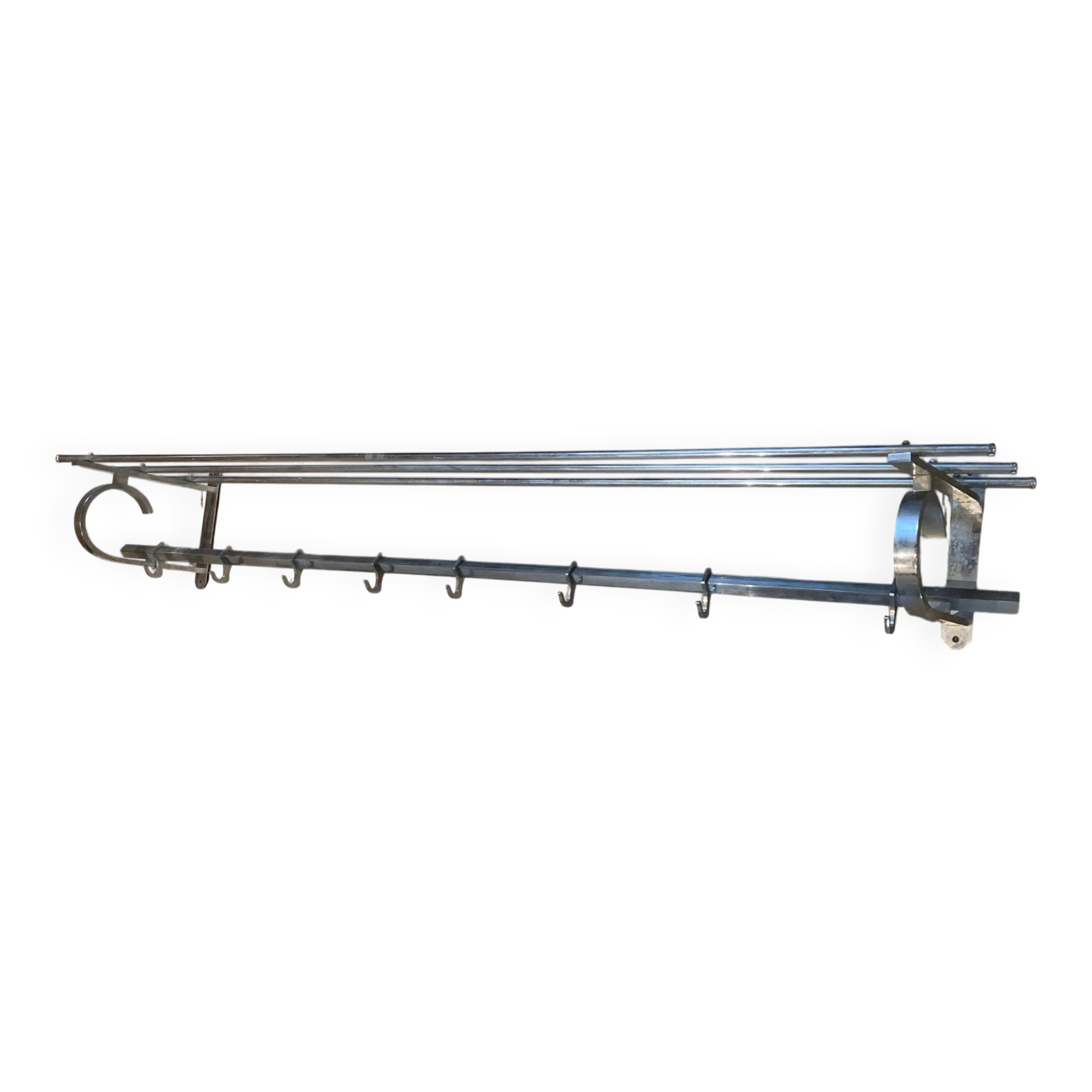 Large chrome metal wall coat rack with Art Deco shelf