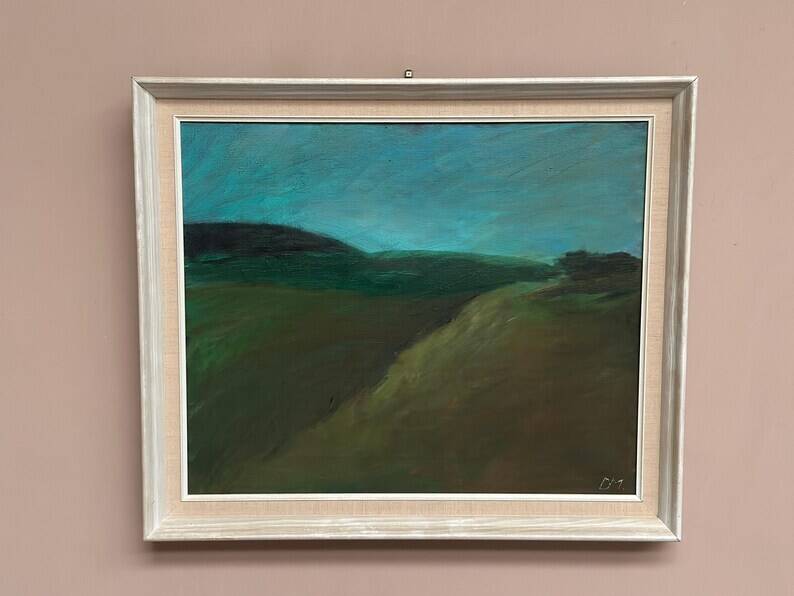 Huile sur toile originale suédoise – "Paysage" par Dina Mortensen – Signé DM – Vintage et encadré – 53 × 45,5 cm (20,9" × 17,9")
