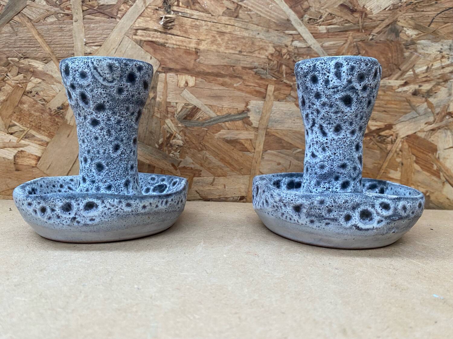 Pair of YURTSUA Candle Holders Vallauris Style Grey Ceramic Lava Vintage #B160