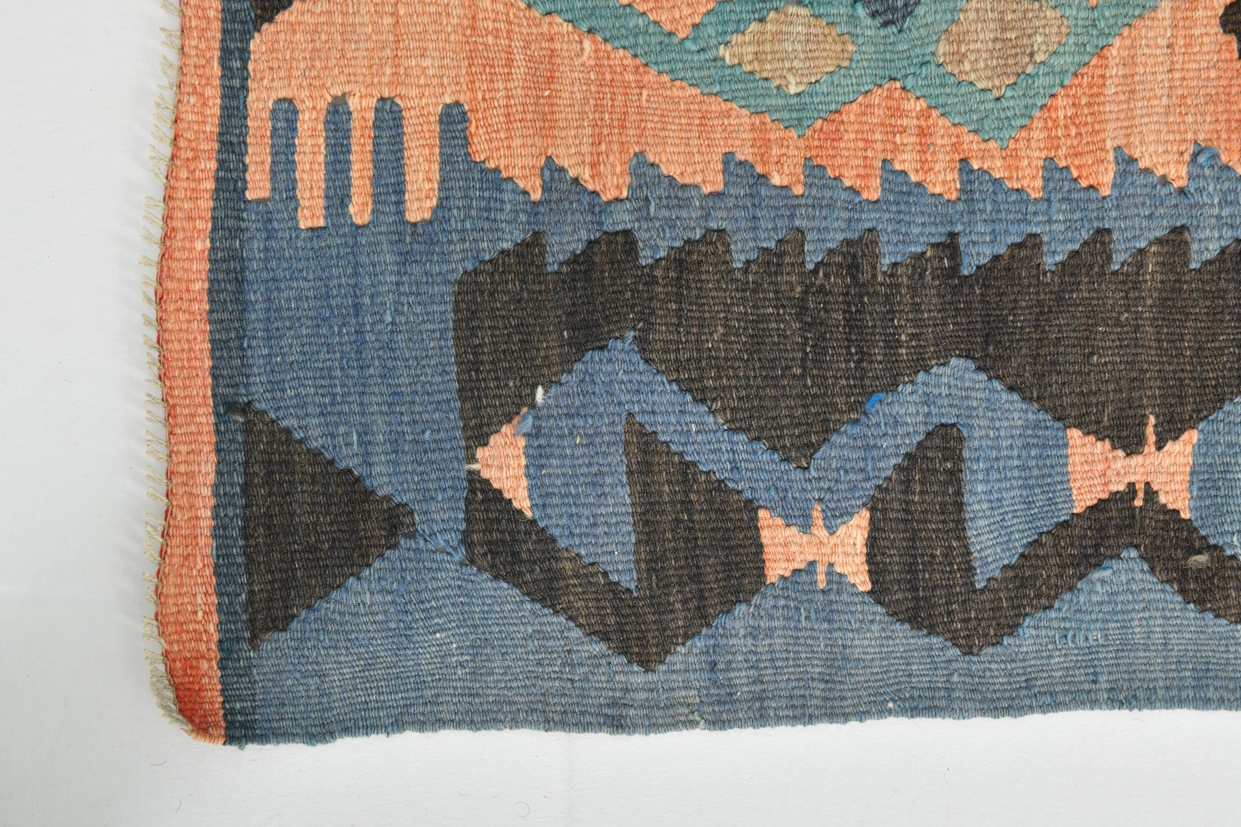 Faded Blue & Soft Peach Long Wide Handmade Kilim Rug, 168x296 Cm