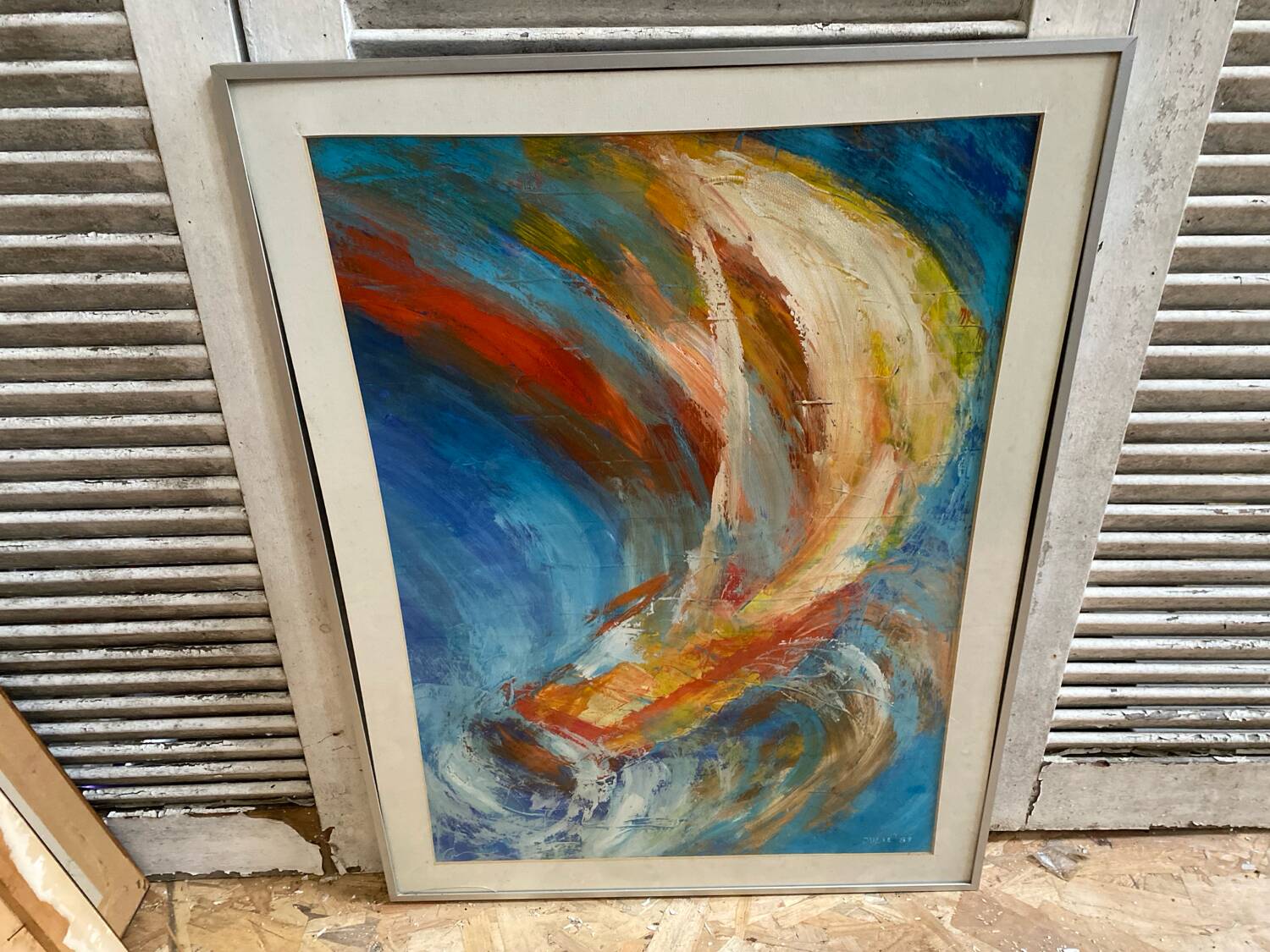 Old Oil On Paper JULIE Boat 89 + Grey Aluminum Frame