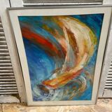 Old Oil On Paper JULIE Boat 89 + Grey Aluminum Frame