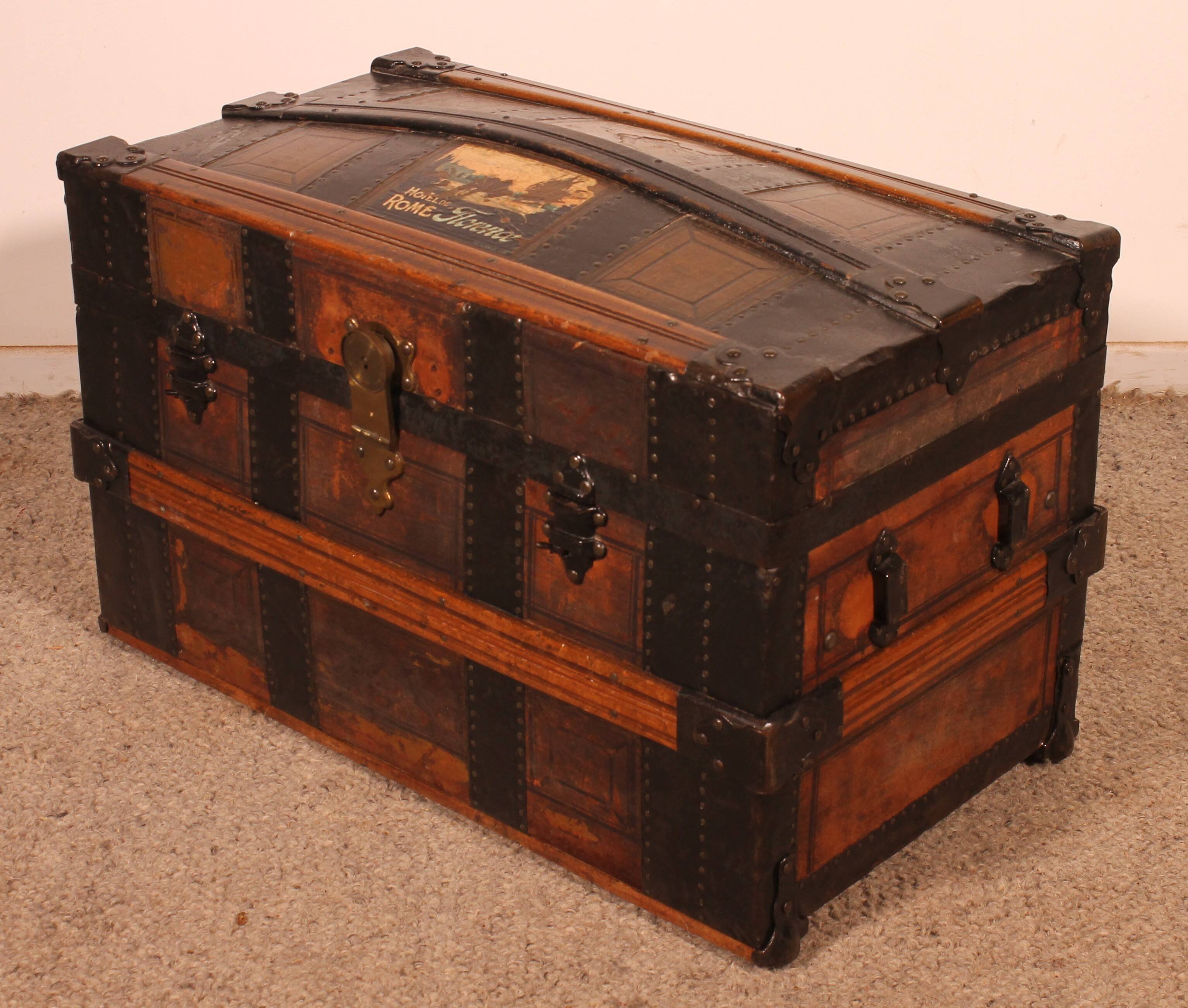 travel trunk from the early 20th century made of leather and wood