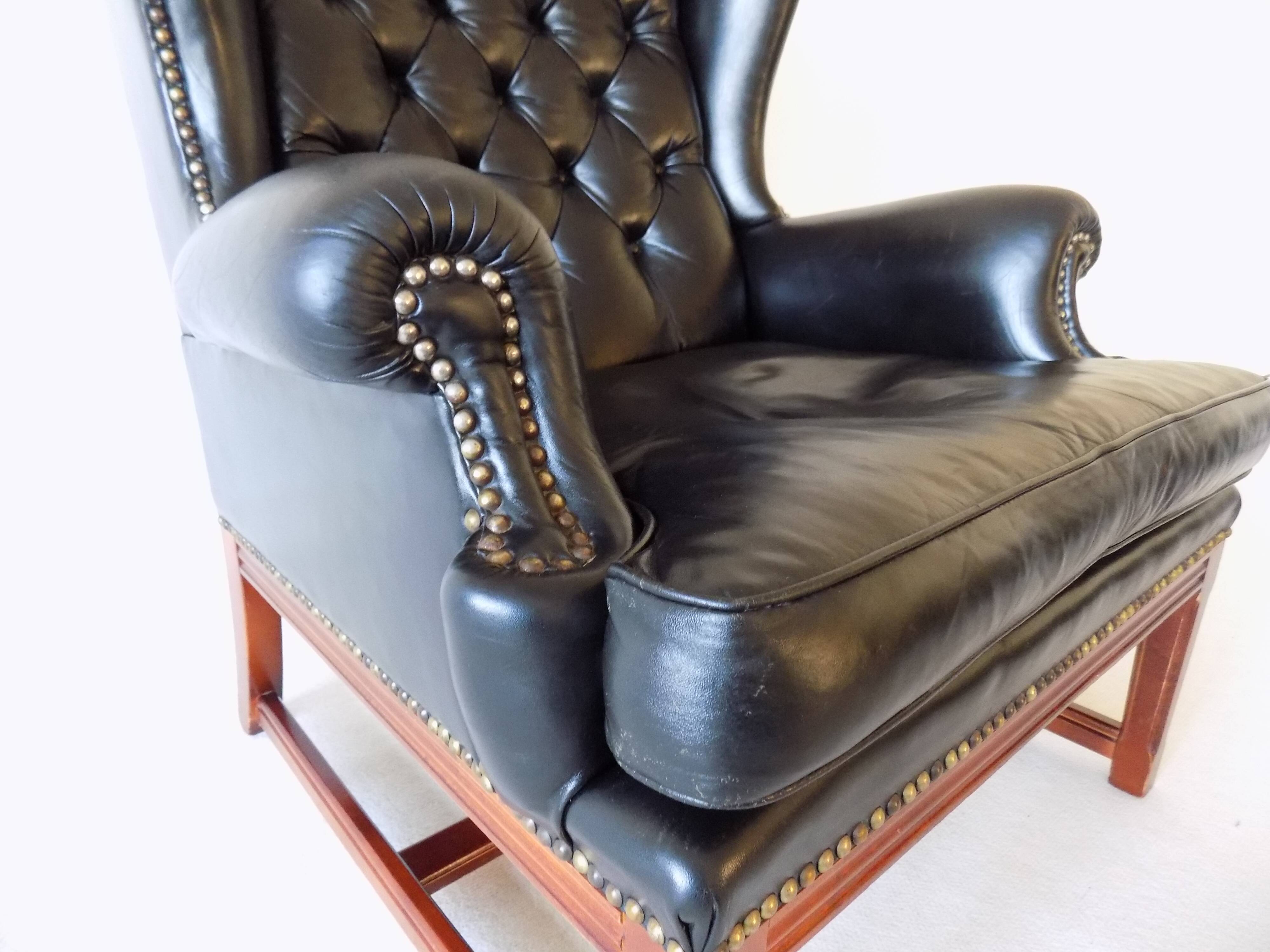 Chesterfield high back leather armchair black from the 1960s