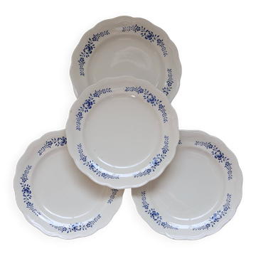 4 vintage white and blue earthenware dinner plates - Floral design