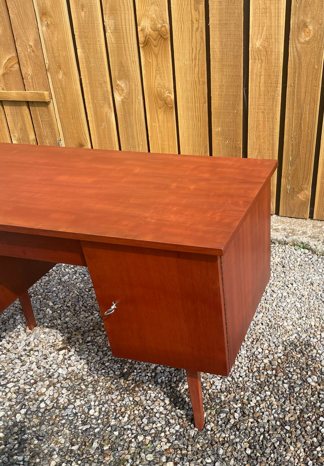 Vintage wooden desk teak veneer sixties conical legs 1 drawer