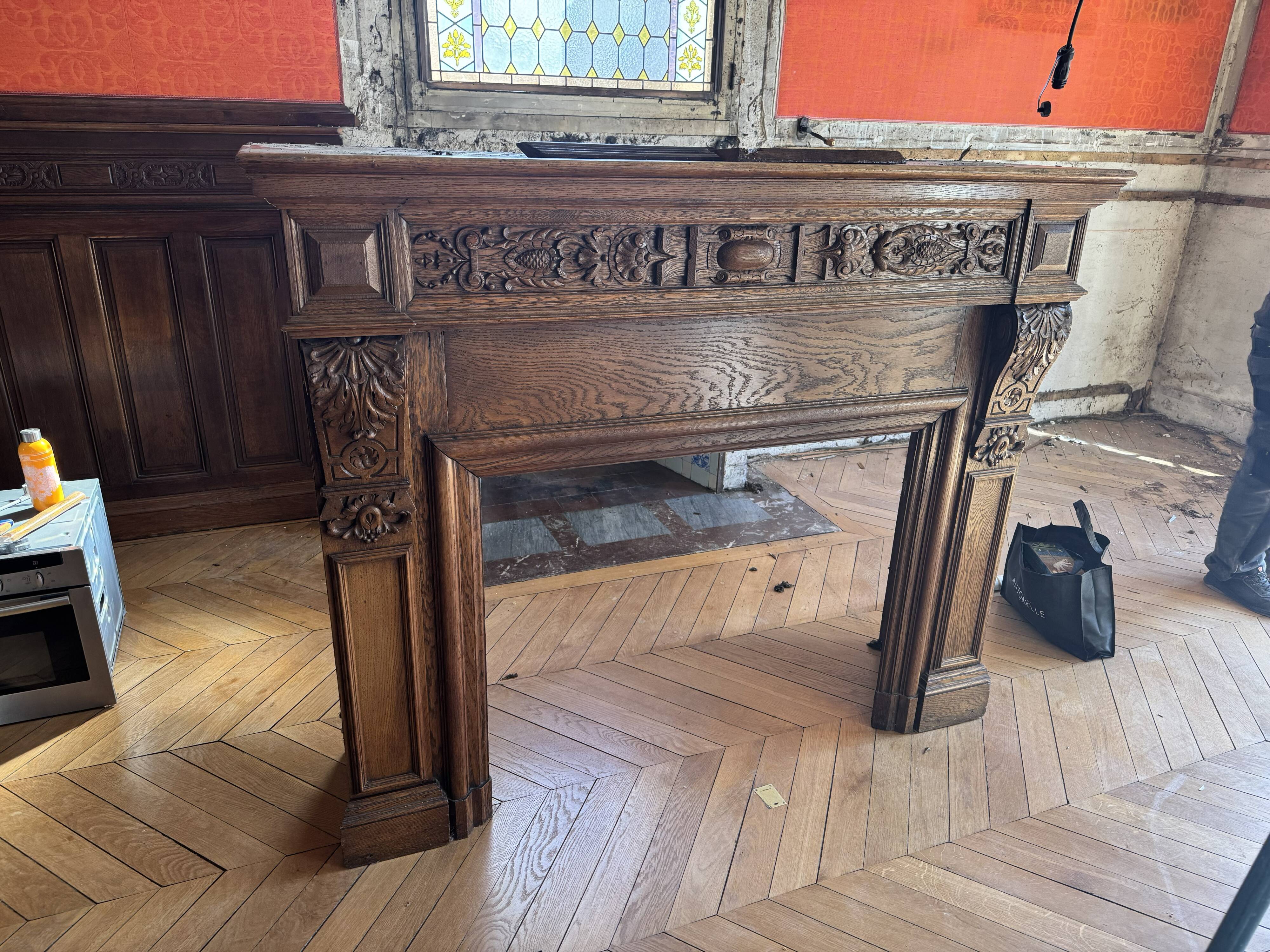 Antique carved wooden fireplace + overmantel – Napoléon III style