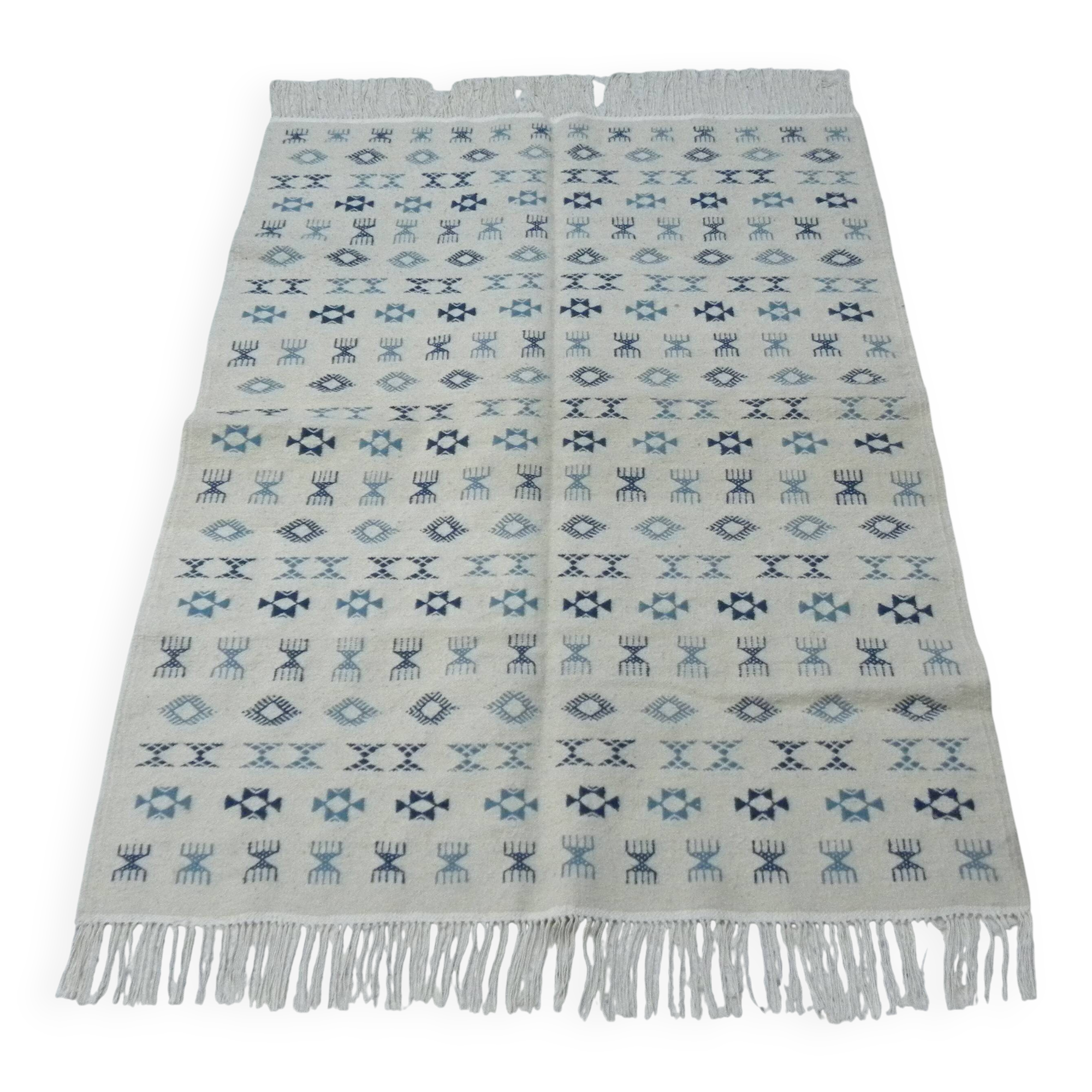 Nomadic Tunisian Berber rug, margoum kilim, ethnic in beige and blue wool.