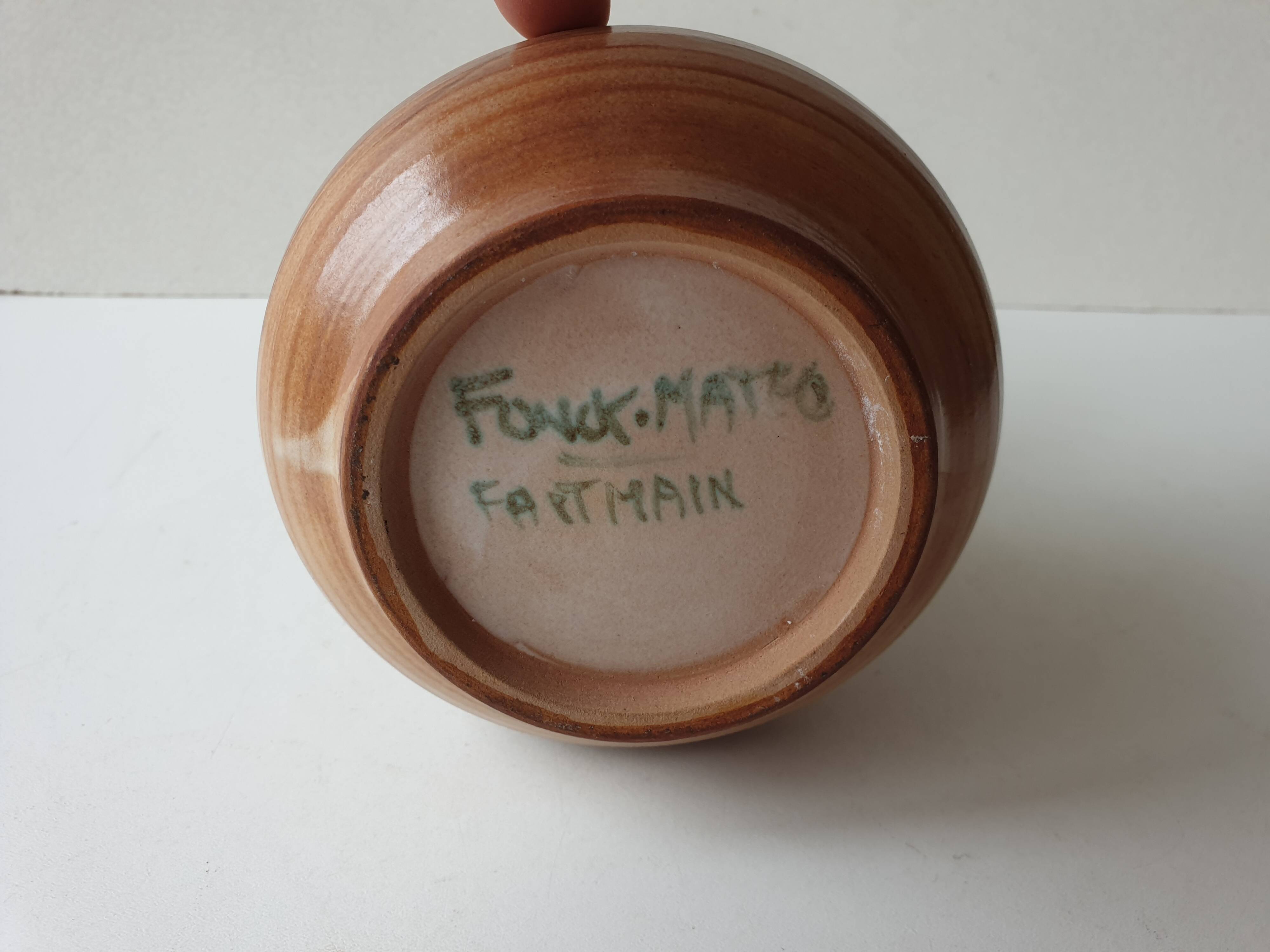 Ceramic vase with flower and wheat ears signed Fonck and Matéo (Vallauris) 1970s