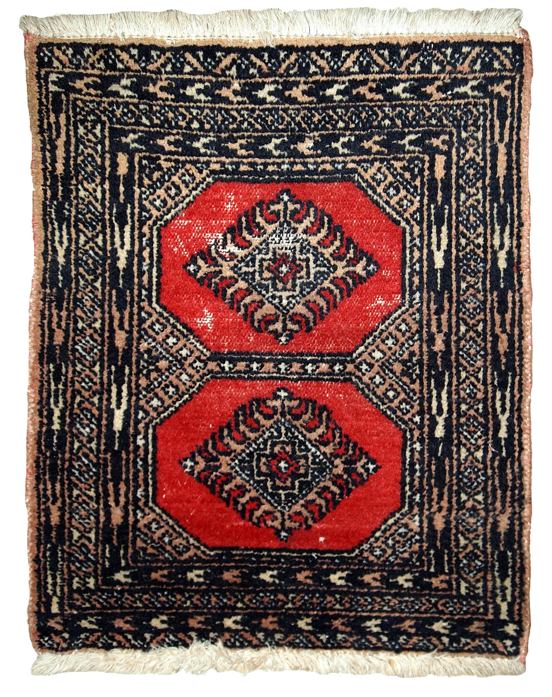 Tapis vintage fait main Lahore en laine rouge (45cm x 58cm) – Années 1970
