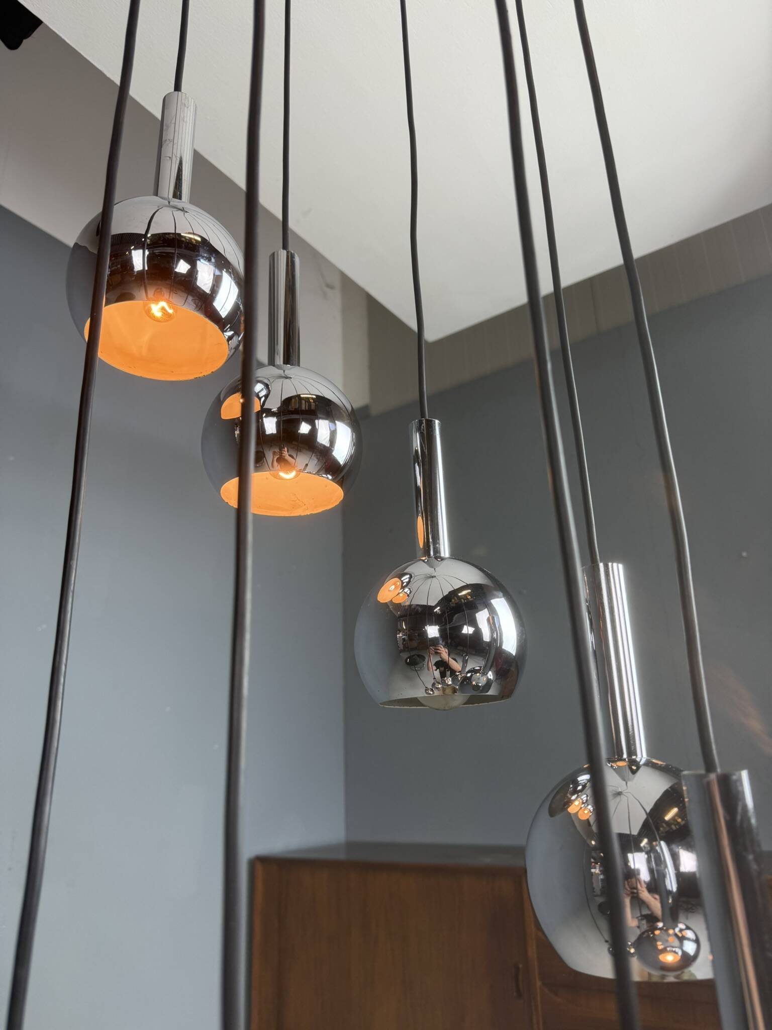 Chandelier cascade Wortmann & Filz chrome, époque spatiale des années 1970