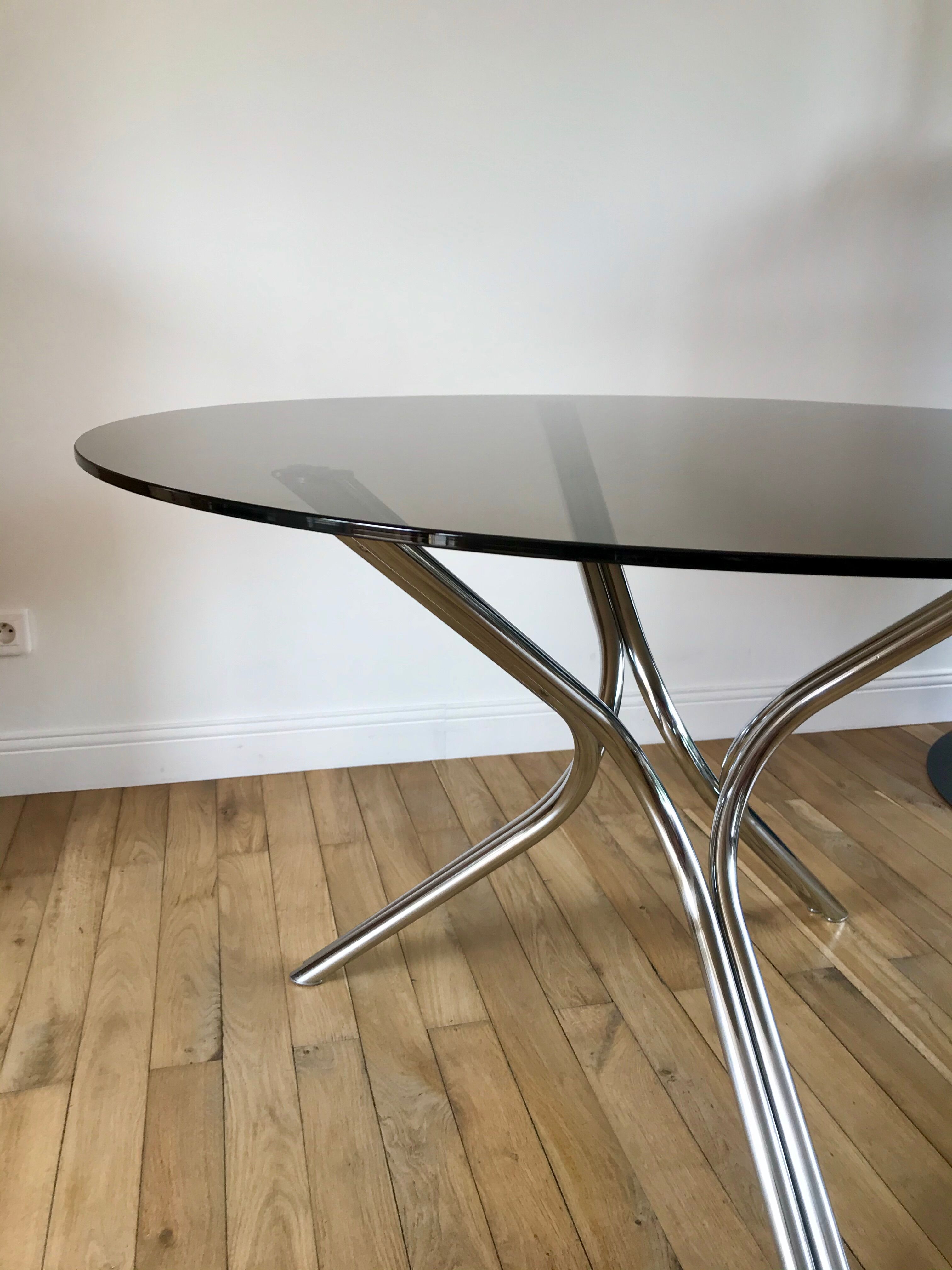 Dining / living table in chrome and smoked glass design 70s