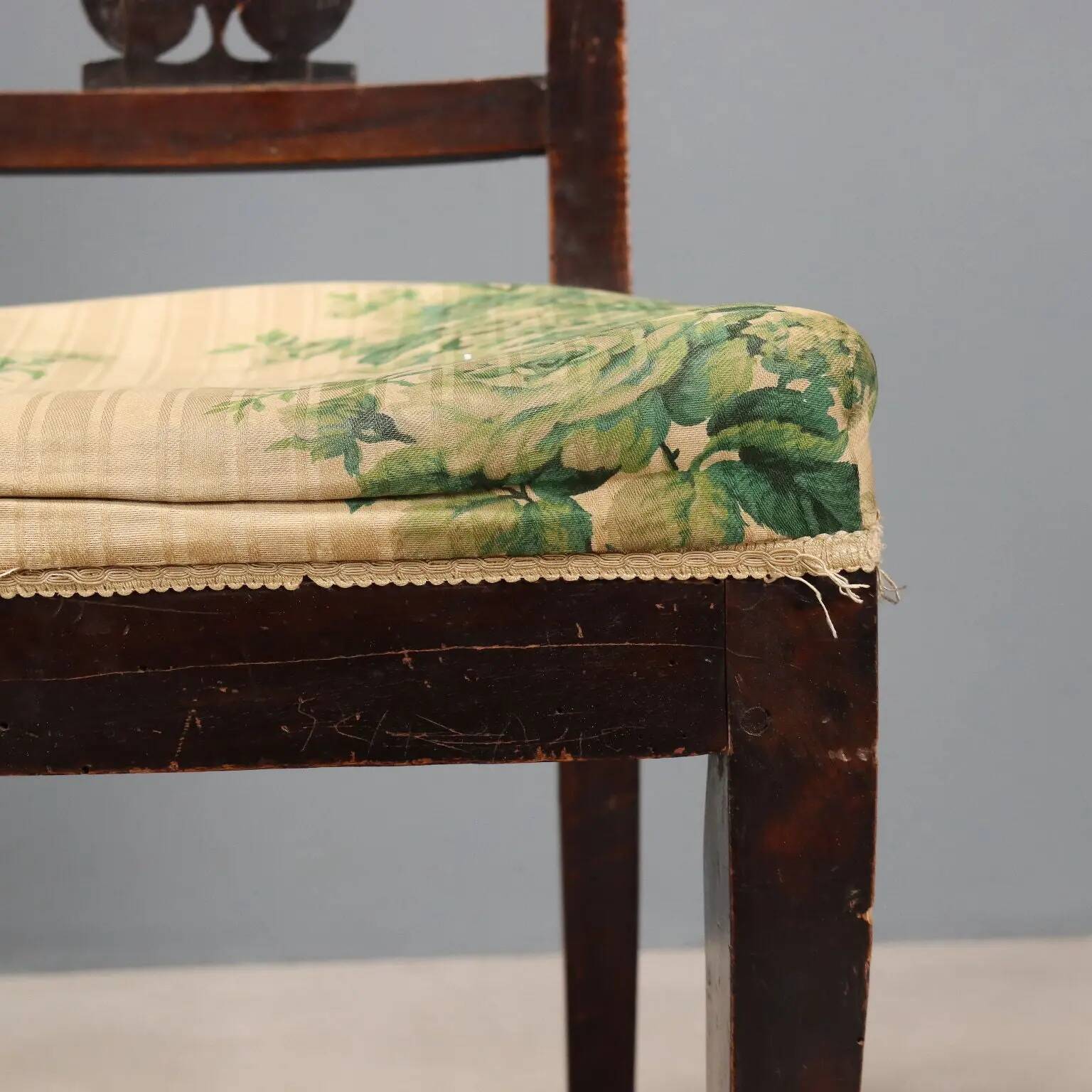 Pair of antique Directoire chairs in walnut and fabric, Italy, 19th century.