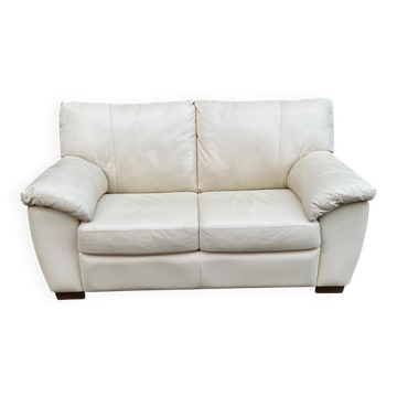Beige genuine leather Scandinavian two-seater sofa