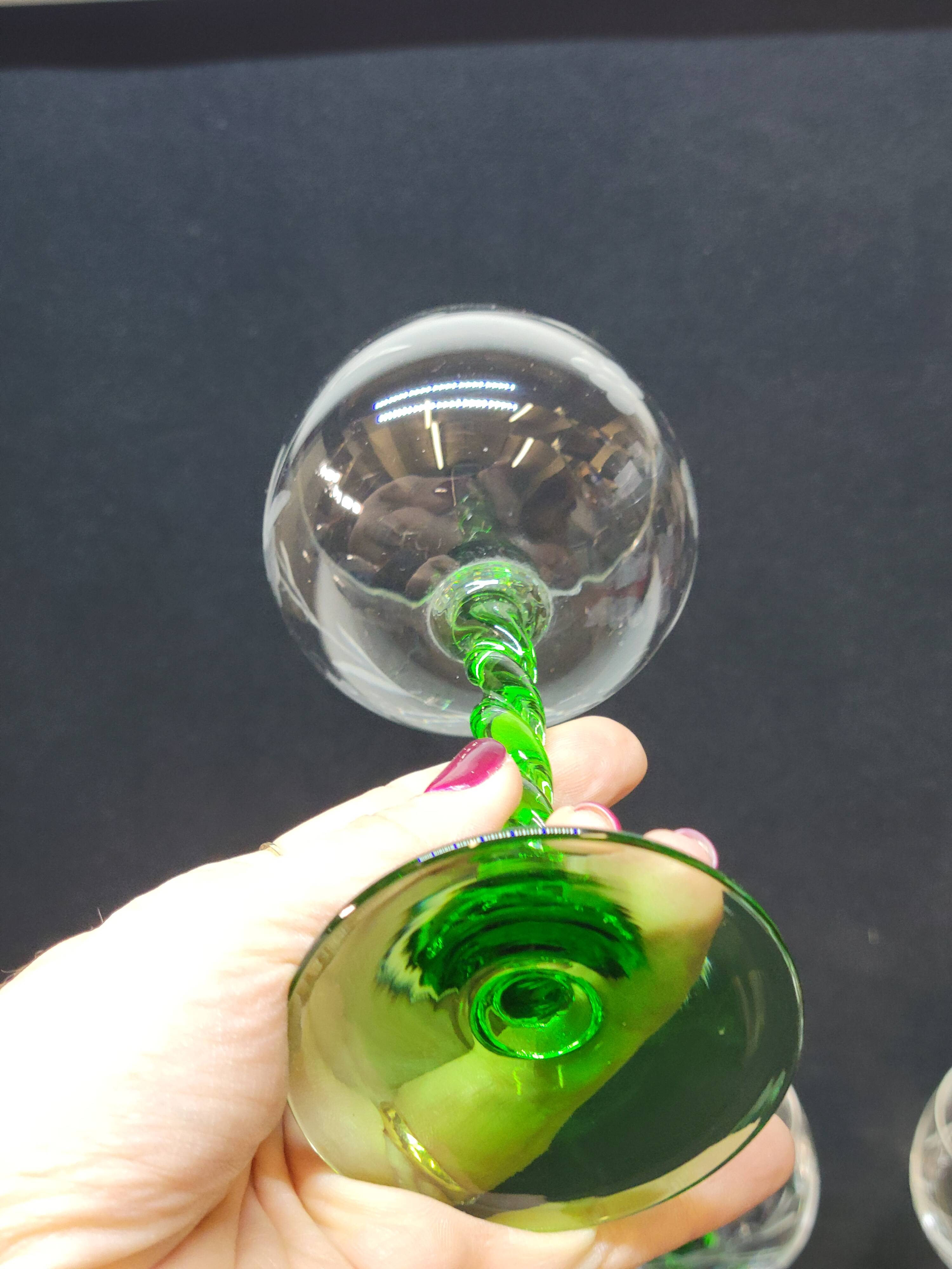 10 alsace white wine glasses in cut crystal with twisted green foot