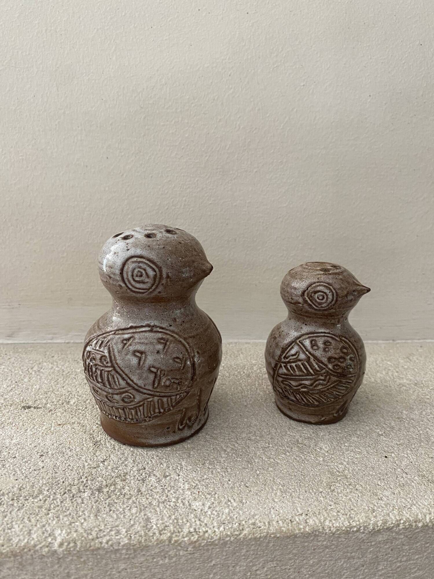 Stoneware owl salt and pepper shakers by Jeanne and Norbert Pierlot
