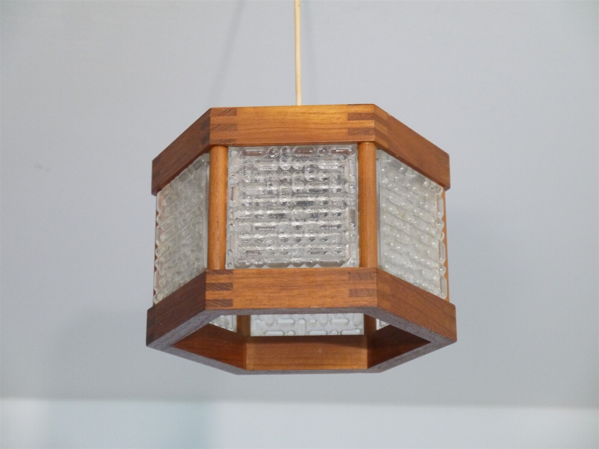 Scandinavian hanging lamp in teak and glass 1960