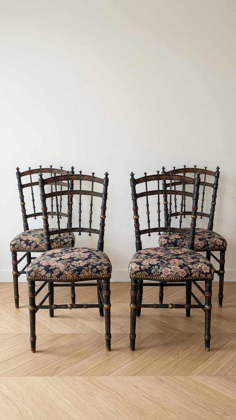 Set of 4 Napoleon chairs in blackened wood and floral fabric.