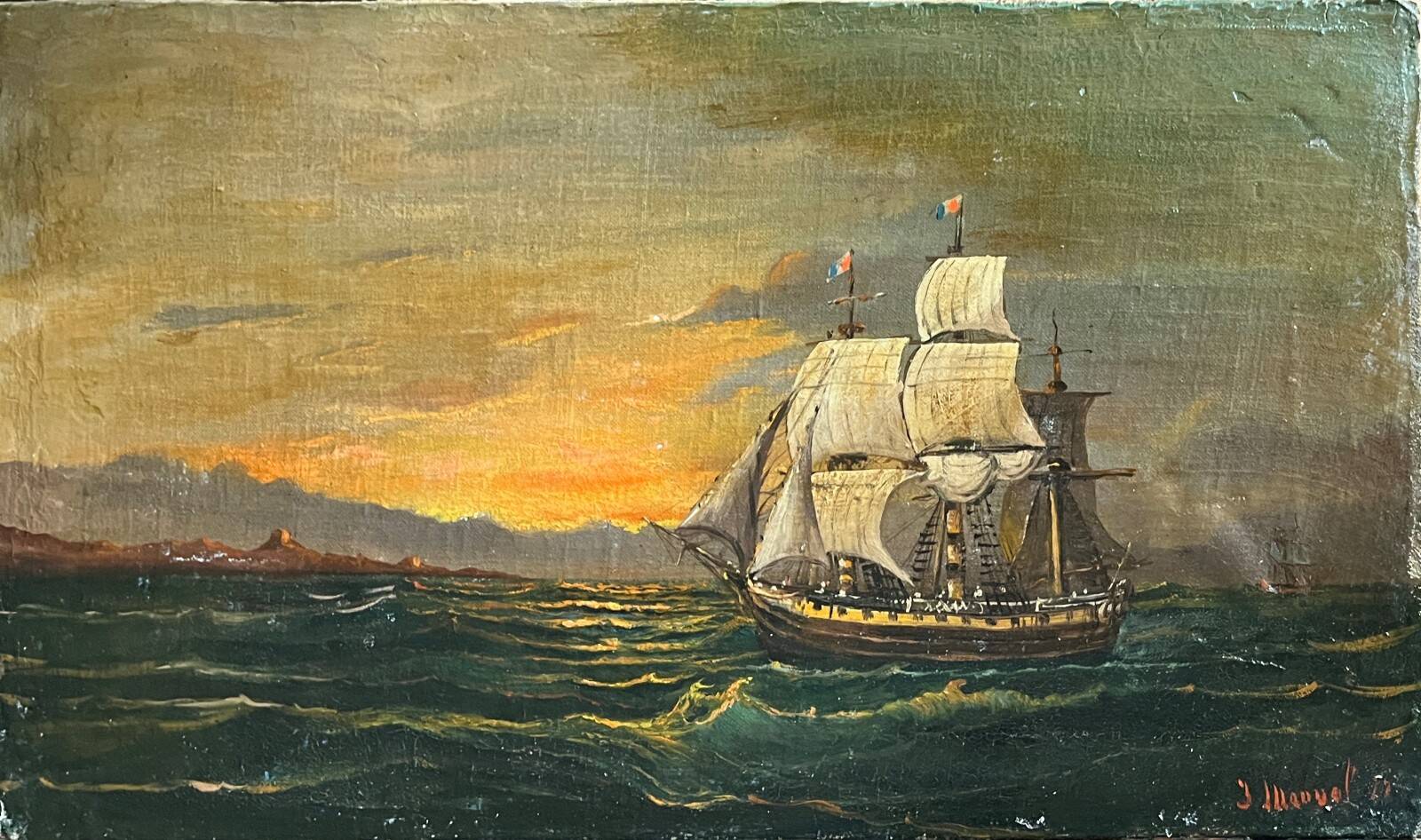 Tableau HST "Navire au crepuscule" fin XIX° Signé Mauval (?)