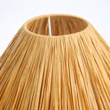 Italian 60s table lamp made of wood and leather with paper straw lampshade