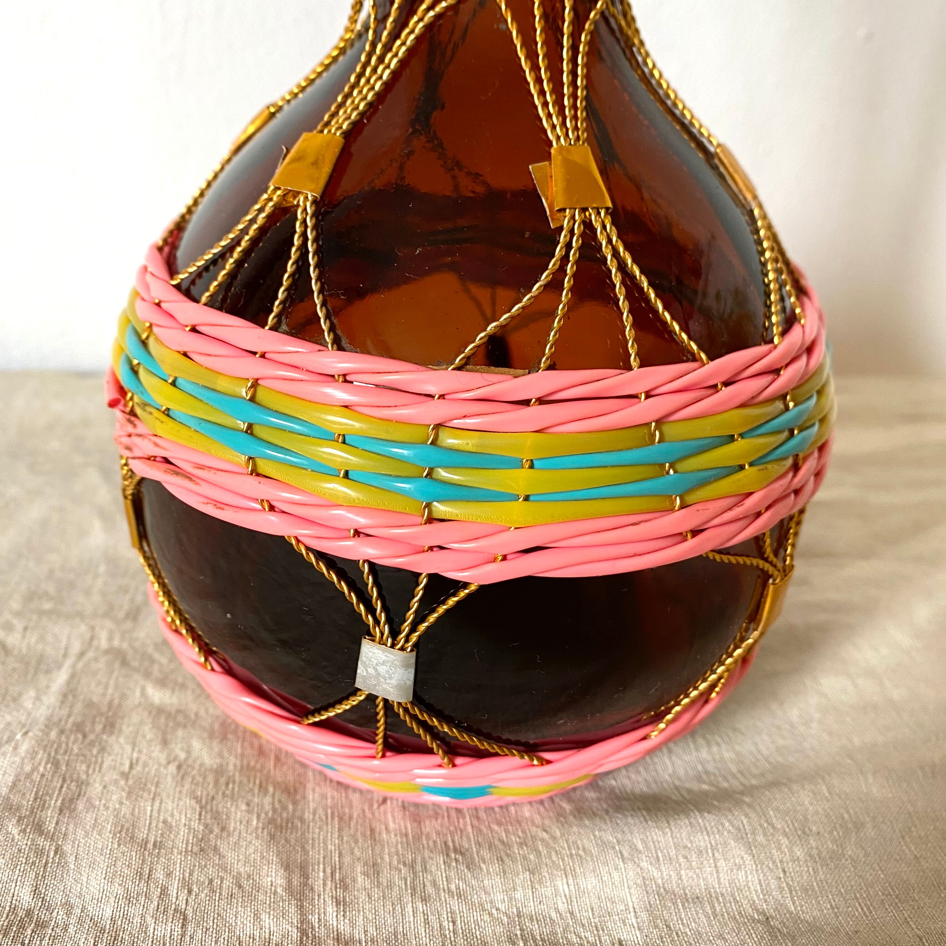 Vintage amber glass bottle scoubidou
