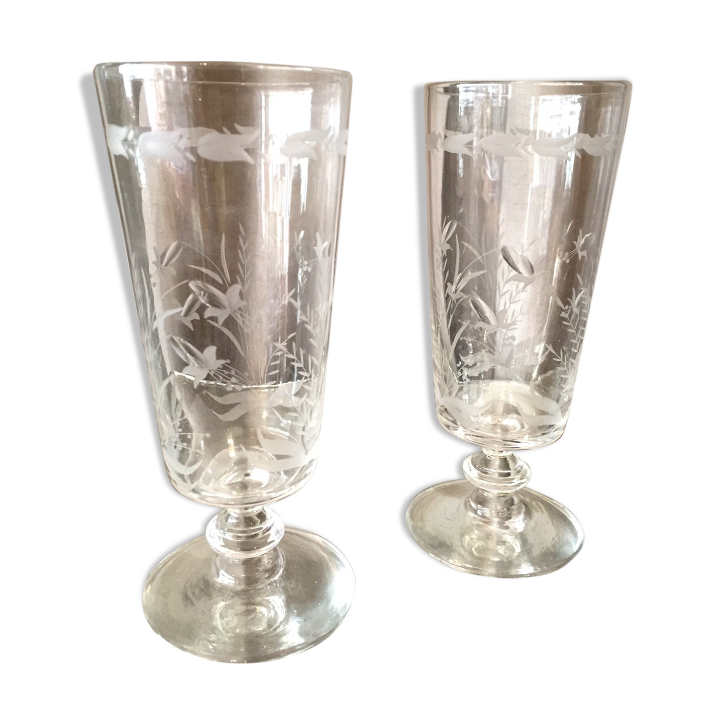 Duo de verre a cafe en verre epais a decor floral