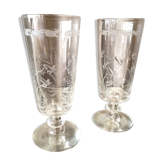 Duo of glass coffee in thick glass with floral decoration