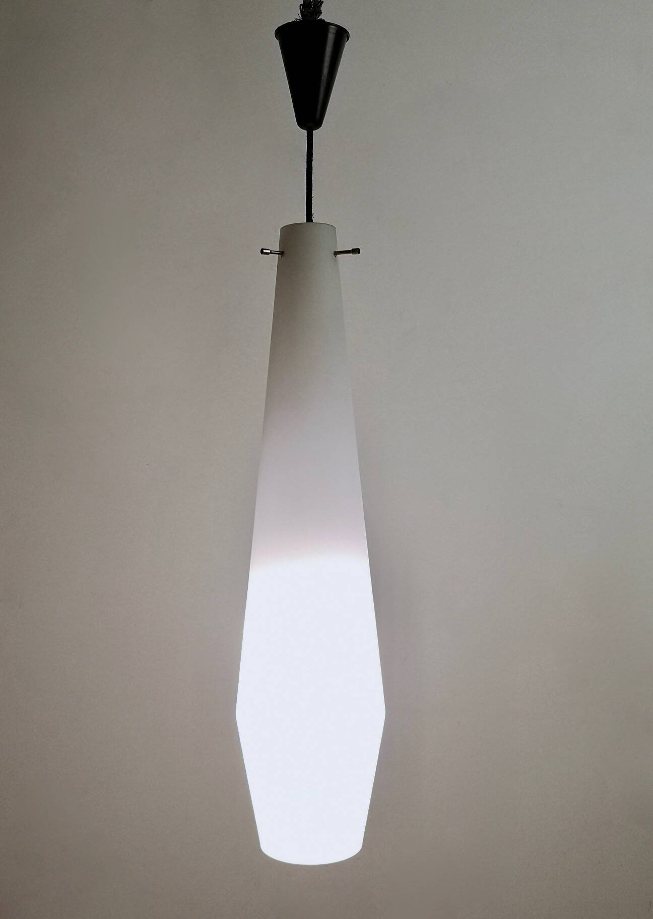 Large Vintage White Encased Glass and Brass Pendant by Stilnovo, Italy