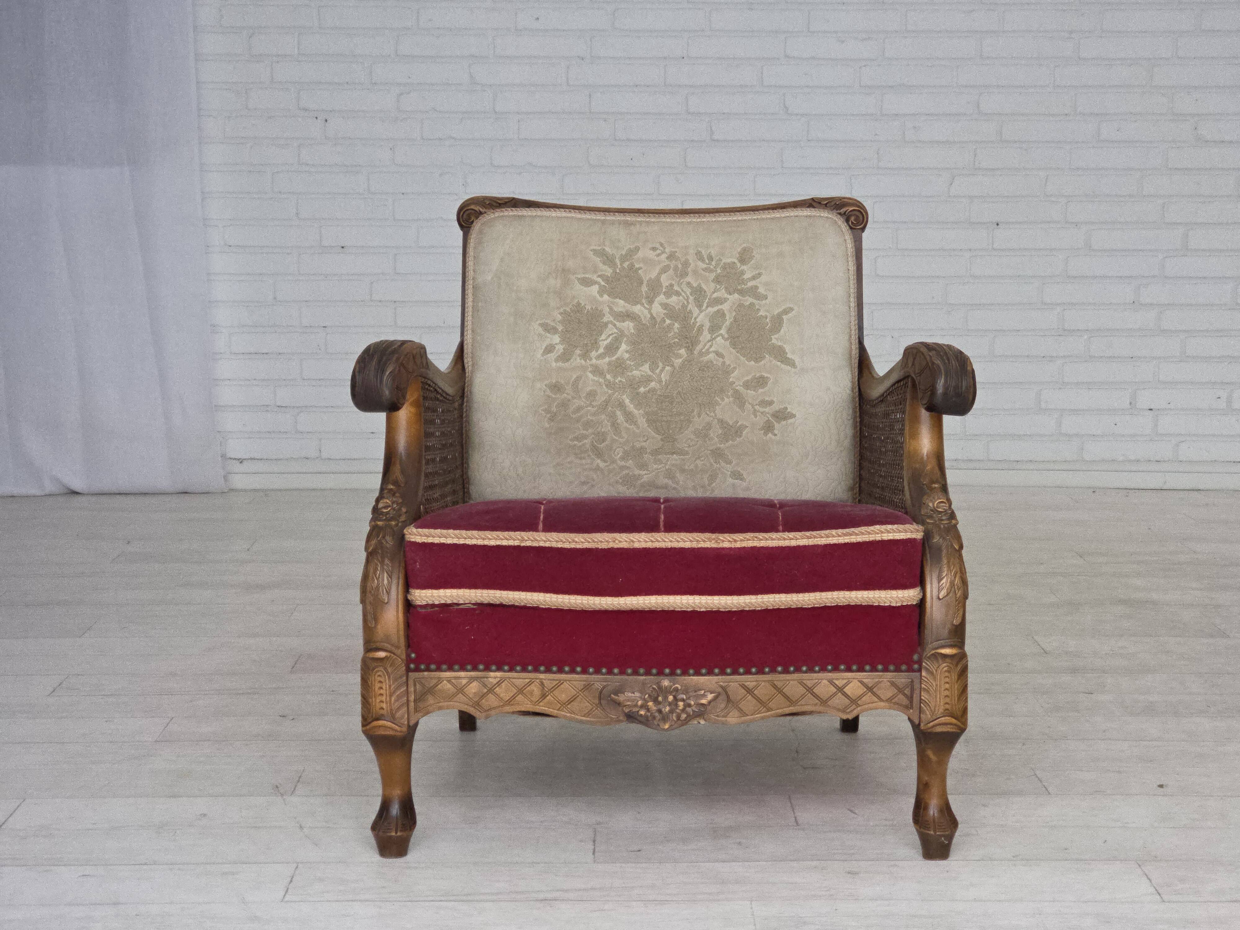 1930s, Danish armchair, furniture velour, ash wood.