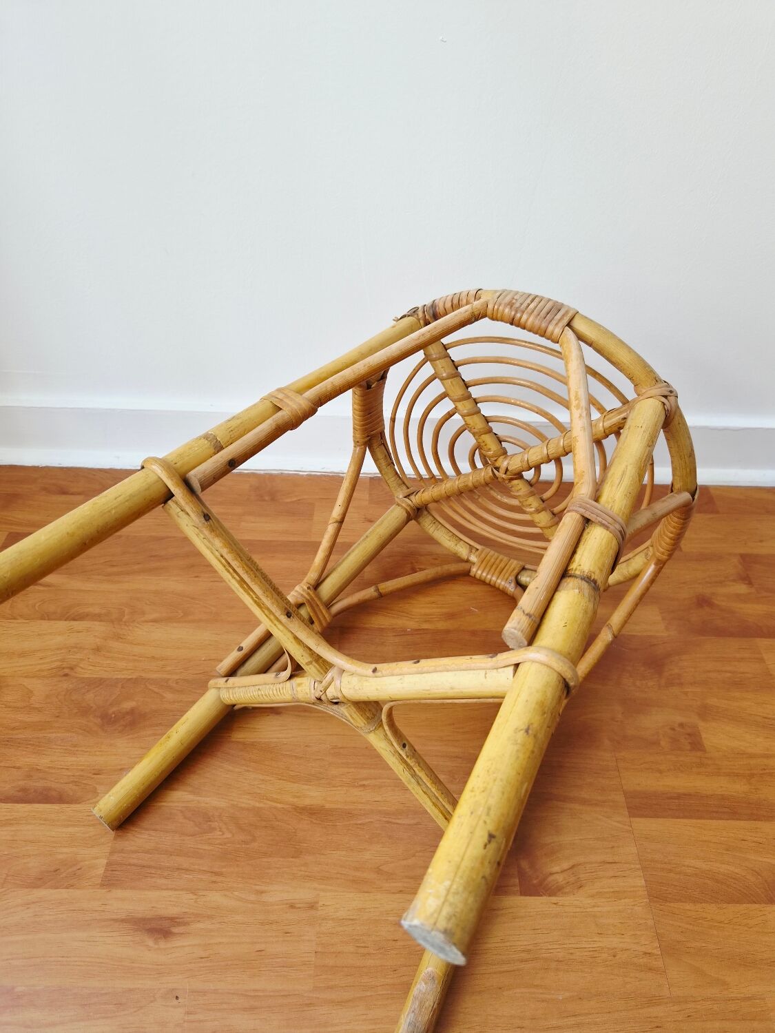 Vintage rattan stool in retro bohemian style - 1950s/1960s -