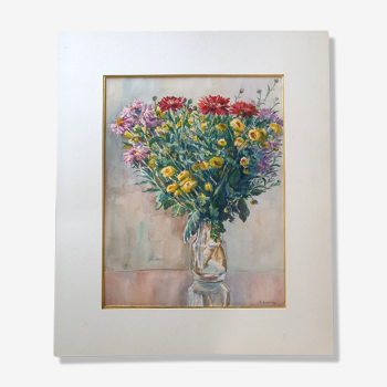 Aquarelle sur papier "Bouquet de fleurs dans un vase" André Duculty