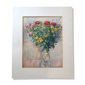 André Duculty (1912-1990) Watercolor on paper "Bouquet of flowers in a vase" Signed below