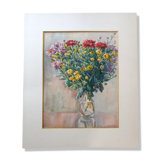 Aquarelle sur papier "Bouquet de fleurs dans un vase" André Duculty