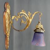 Pair of Rococo / Louis XV wall lights in gilded bronze, walnut bases and glass tulips, France, Circ