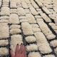 Large cream and black checked Berber rug, 280 × 200 cm.