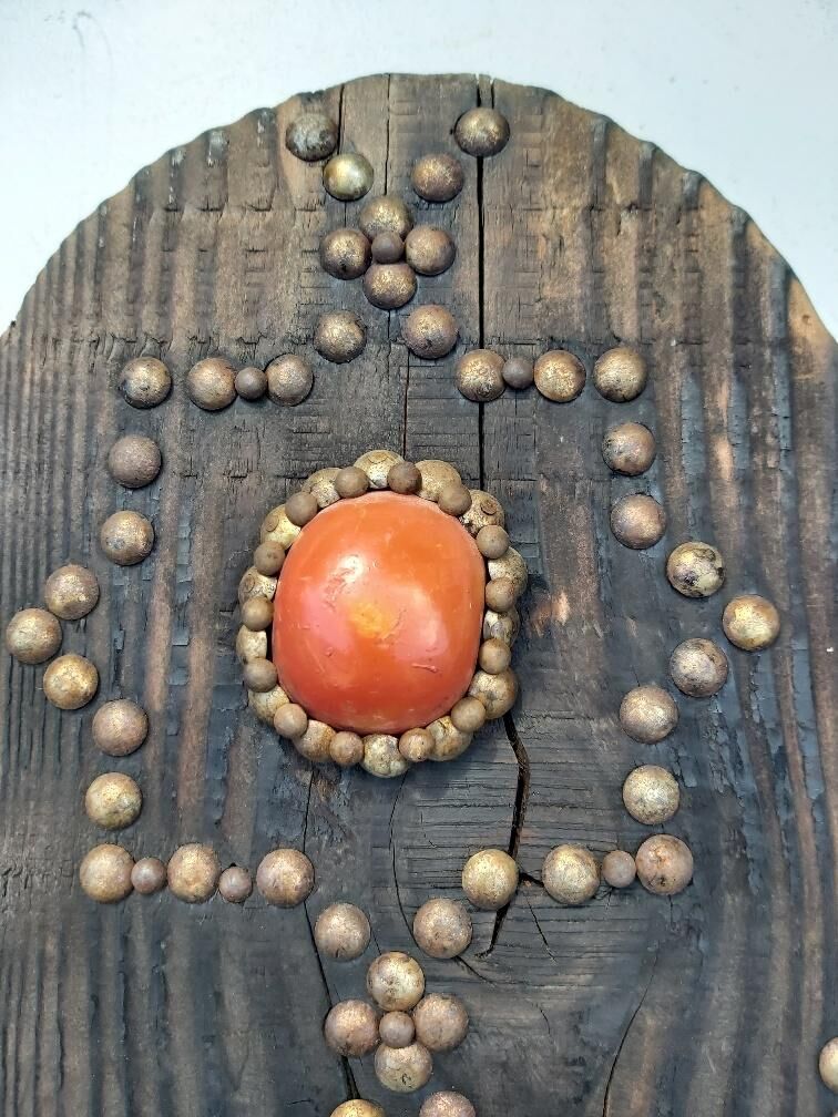 Ancient brutalist oriental wooden mirror 23x53cm