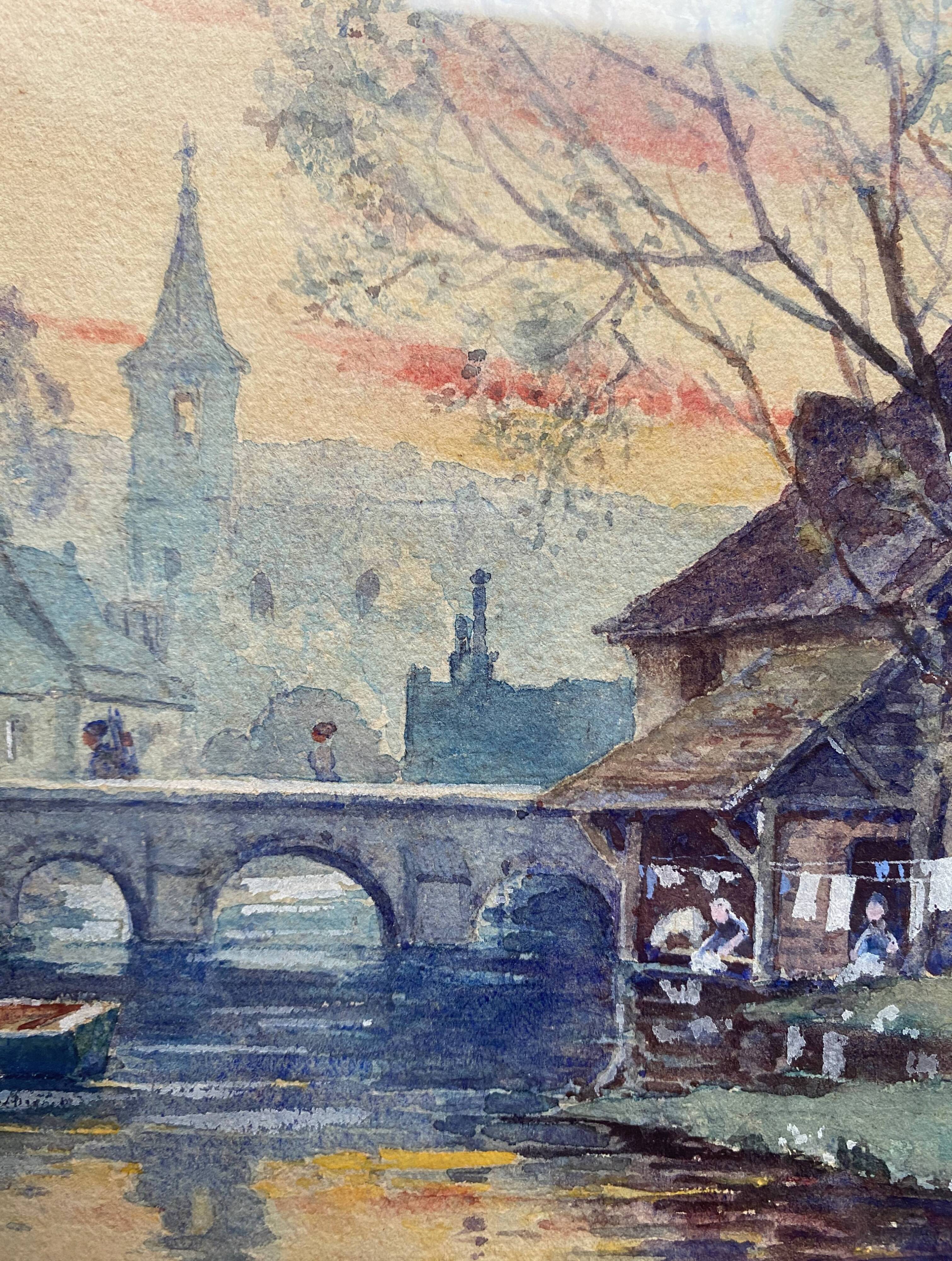 Watercolor Painting "Landscape at the River at Dusk" early 20th century