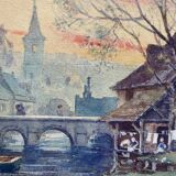 Watercolor Painting "Landscape at the River at Dusk" early 20th century