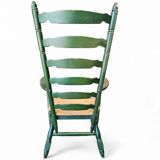 Vintage transparent green wooden arm chair / rush seat / high back ladder chair