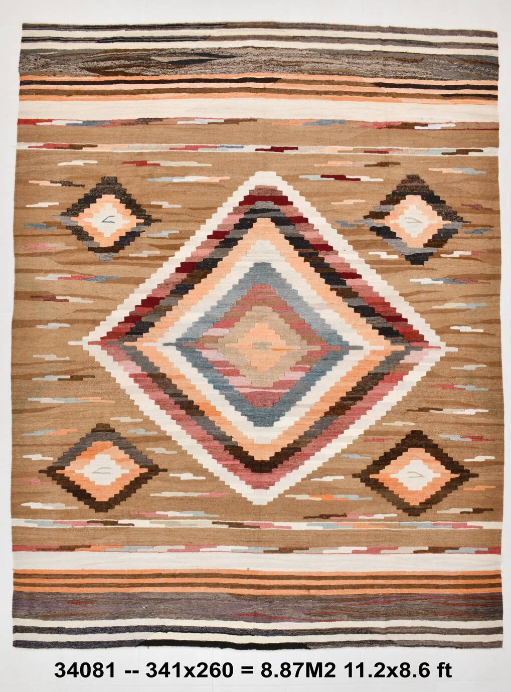 8x11 Brown & Cream Geometric Kilim Rug, 260x341Cm
