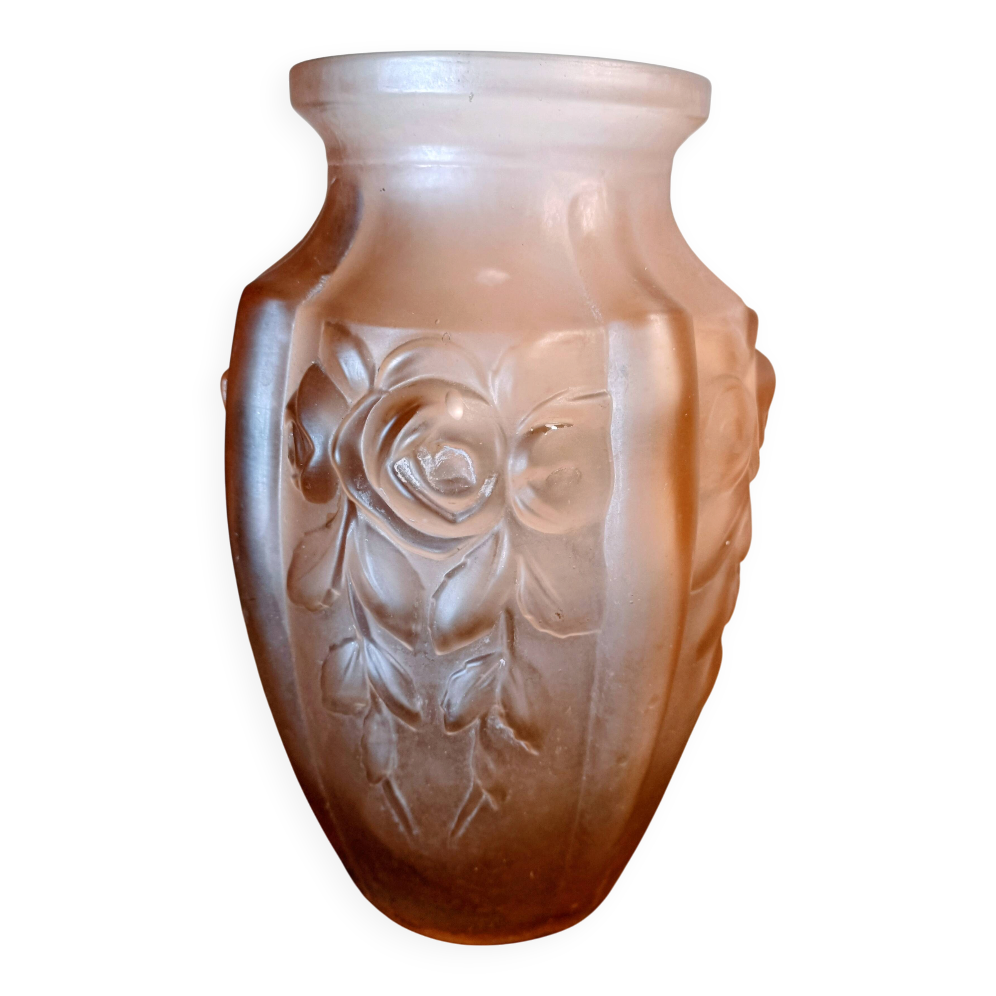 Art Deco vase, moulded satin pink glass.