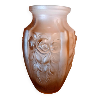 Art Deco vase, moulded satin pink glass.