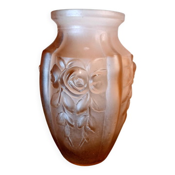 Art Deco vase, moulded satin pink glass.