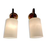 Pair of teak and opaline wall lamps Scandinavian design 1950.